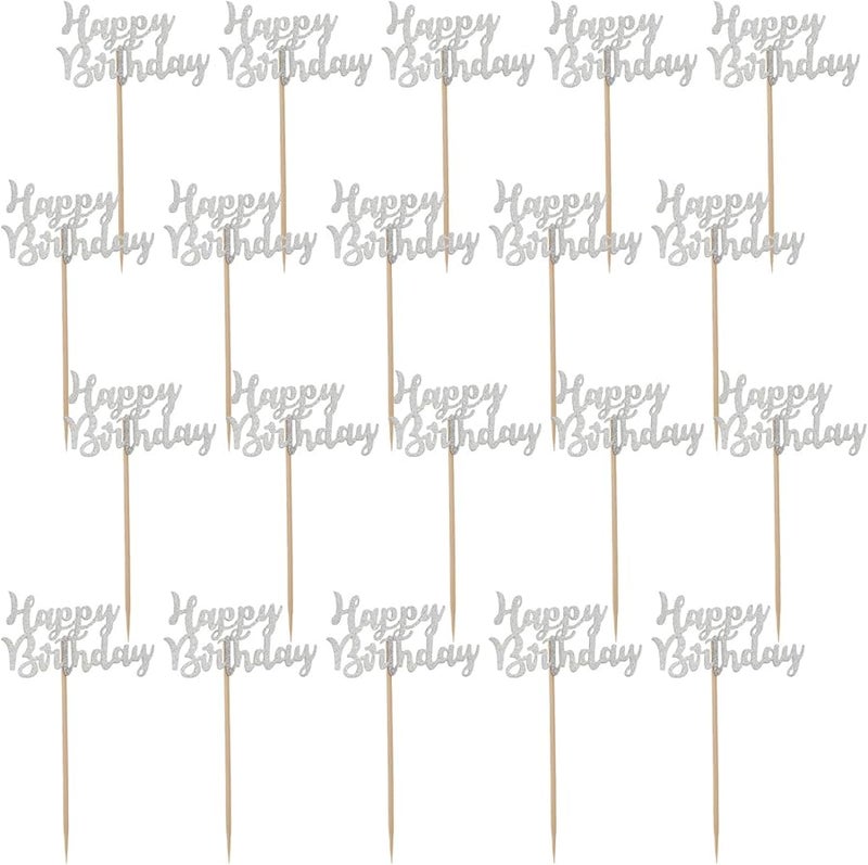 Cabilock 20pcs Silver Glitter Birthday Cake Toppers Cupcake Decorations Party Dessert Table - Image 1