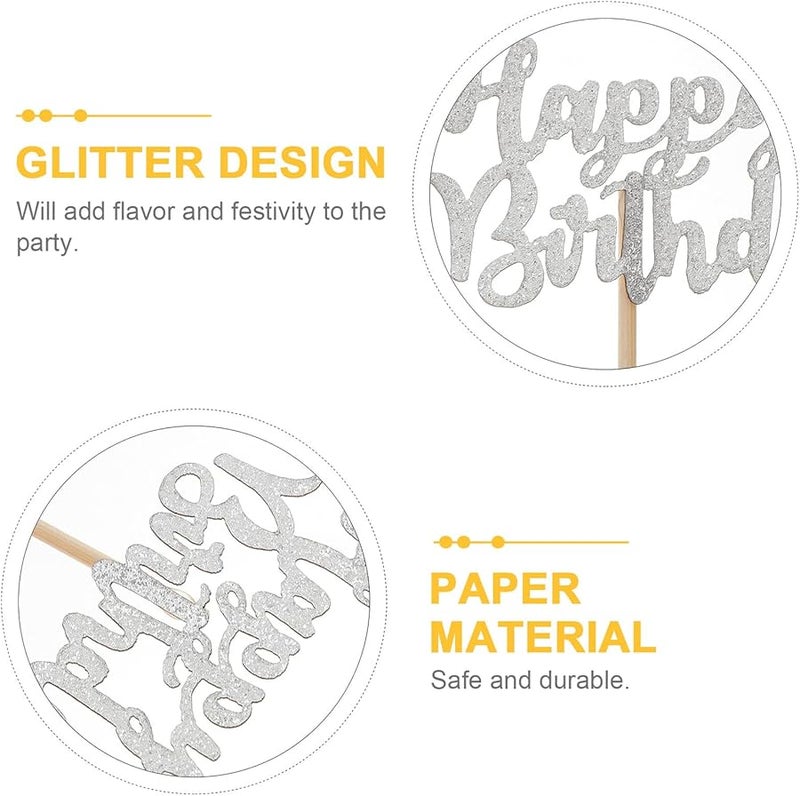 Cabilock 20pcs Silver Glitter Birthday Cake Toppers Cupcake Decorations Party Dessert Table - Image 5