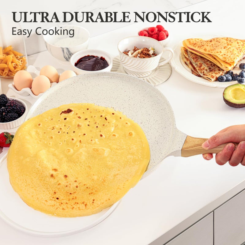 SENSARTE Nonstick Crepe Pan with Spreader, 12-Inch Natural Ceramic Coating Dosa Pan Pancake Flat Skillet Tawa Griddle with Stay-Cool Handle, Induction Compatible (White) - Image 3