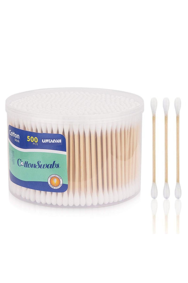 Lukadah Bamboo Cotton Buds 500 Pcs Double Tipped Cotton Swabs - Biodegradable Eco-Friendly Strong Wooden Sticks Round Tips Ear Buds - Qtips Wooden Cotton Buds for Baby Care, Makeup, Ear Cleaning - Family Pack