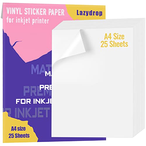 Lazydrop Premium Printable Vinyl Sticker Paper for Inkjet Printer - 25 Matte White Waterproof Decal Paper Sheets - Dries Quickly and Holds Ink Beautifully - Image 1
