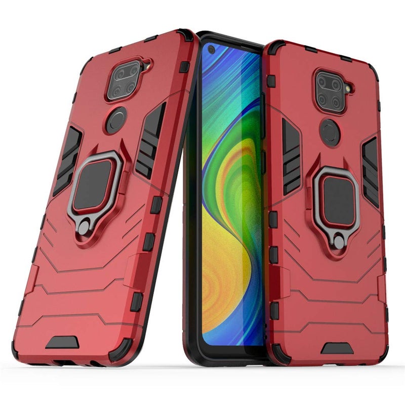 MaiJin Compatible with Xiaomi Mi Redmi Note 9 Redmi 10X 4G Case Metal Ring Grip Kickstand Bumper Works with Magnetic Car Mount Dual Layer Rugged Cover Red