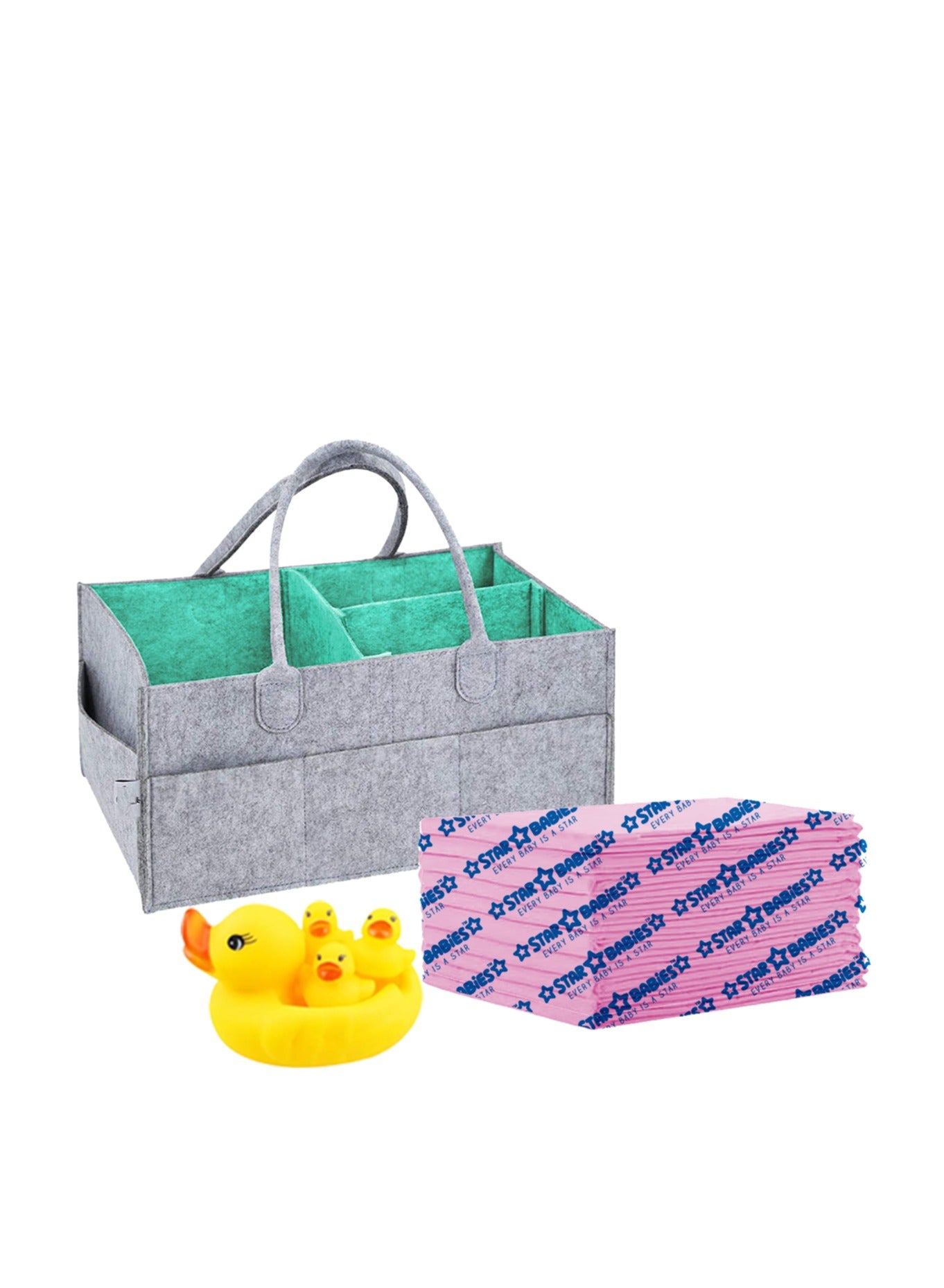 Star Babies Buy 2 Get 1 Free (Caddy Diaper Organizer, Changing mat 10pcs with Rubber Duck toy Free)