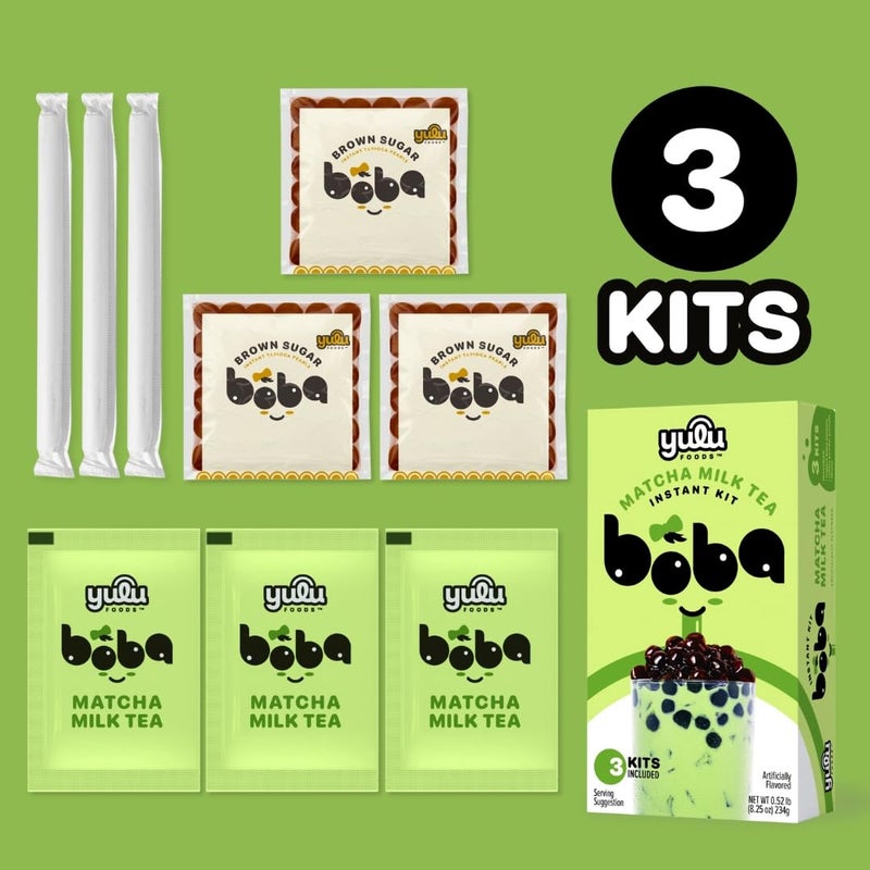 Matcha Latte Instant Bubble Pearl Matcha Milk Tea Kit with Authentic Brown Sugar Tapioca Pearls, Ready in Under One Minute, Paper Straws Included - 3 Servings Yulu Foods - Image 2