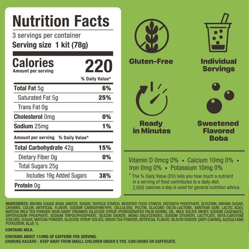 Matcha Latte Instant Bubble Pearl Matcha Milk Tea Kit with Authentic Brown Sugar Tapioca Pearls, Ready in Under One Minute, Paper Straws Included - 3 Servings Yulu Foods - Image 4