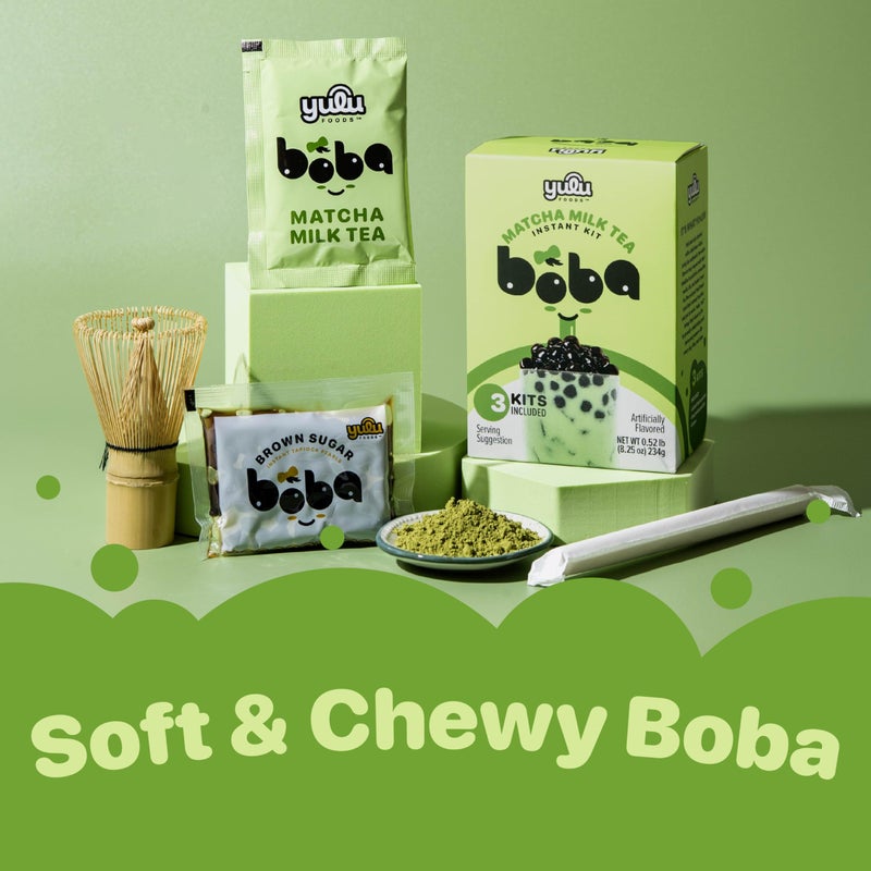 Matcha Latte Instant Bubble Pearl Matcha Milk Tea Kit with Authentic Brown Sugar Tapioca Pearls, Ready in Under One Minute, Paper Straws Included - 3 Servings Yulu Foods - Image 3