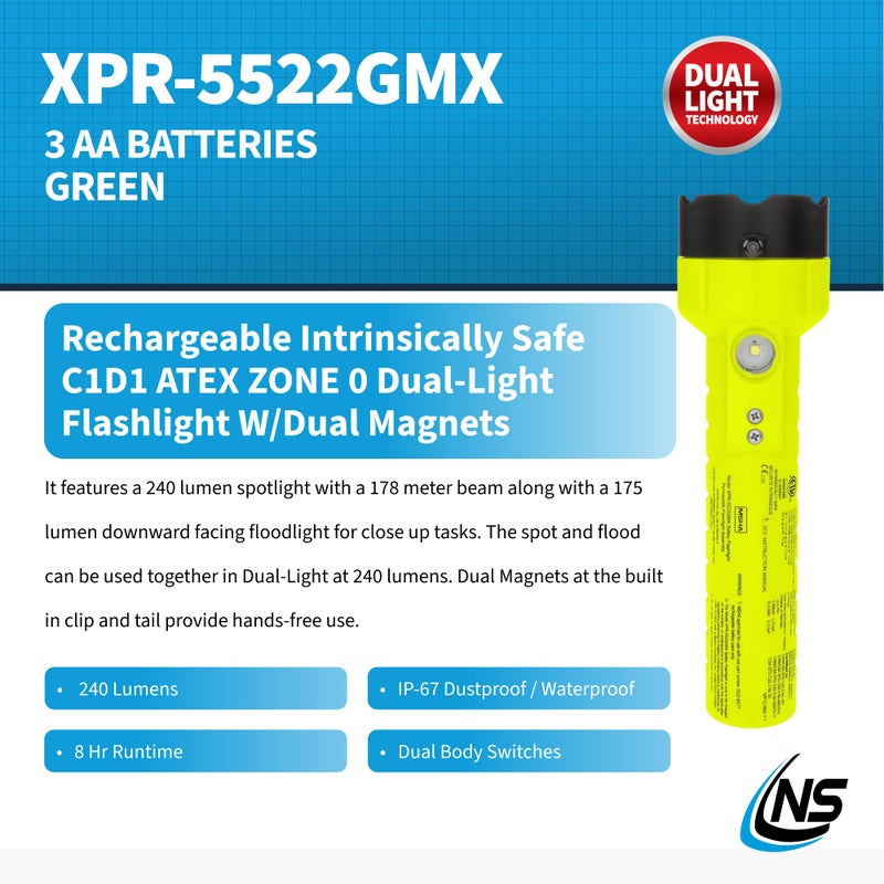 Nightstick XPR-5522GMX Intrinsically Safe Dual-Light Flashlight w/Magnets-Rechargeable-Green-UL913 / ATEX, Multicolor - Image 2
