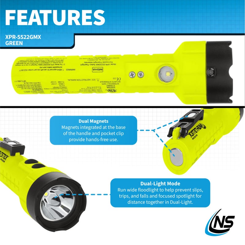 Nightstick XPR-5522GMX Intrinsically Safe Dual-Light Flashlight w/Magnets-Rechargeable-Green-UL913 / ATEX, Multicolor - Image 3