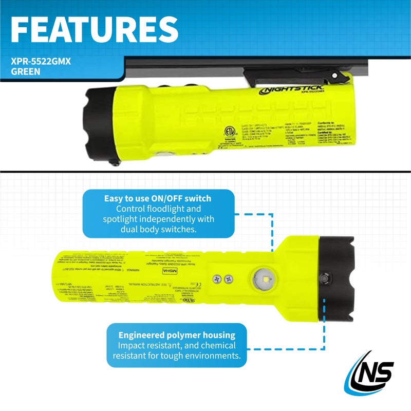 Nightstick XPR-5522GMX Intrinsically Safe Dual-Light Flashlight w/Magnets-Rechargeable-Green-UL913 / ATEX, Multicolor - Image 4
