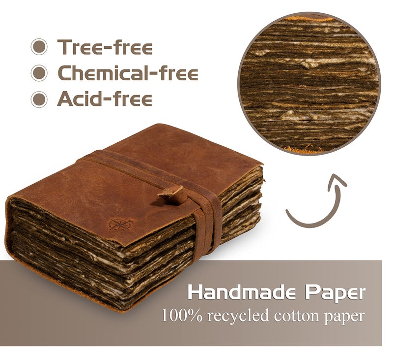 Wanderings Small Vintage Leather Journal - 4" x 6" - Antique Handmade Leather Bound Journal with Old Fashioned Deckle Edge Paper - Perfect for Writing a Diary Notetaking Sketching - Image 2