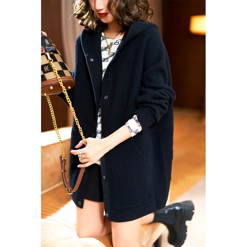 Mid-length hooded coat for women autumn and winter Korean style versatile new spring and autumn elegant casual double-sided woolen loose top Black 