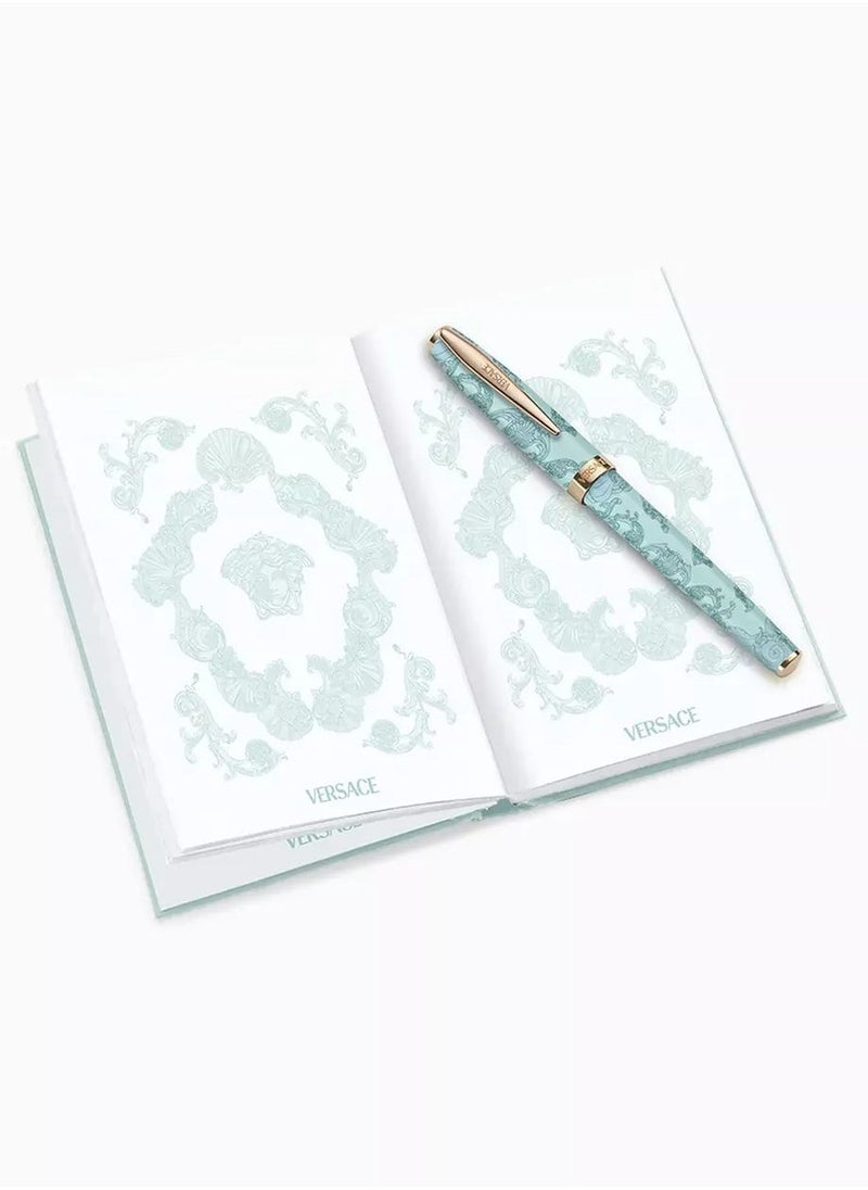 VERSACE Roller Pen With Book - Light Blue La Vacanza Pattern With Rosegold Clip And Barocco Sea Boxset  - Image 2