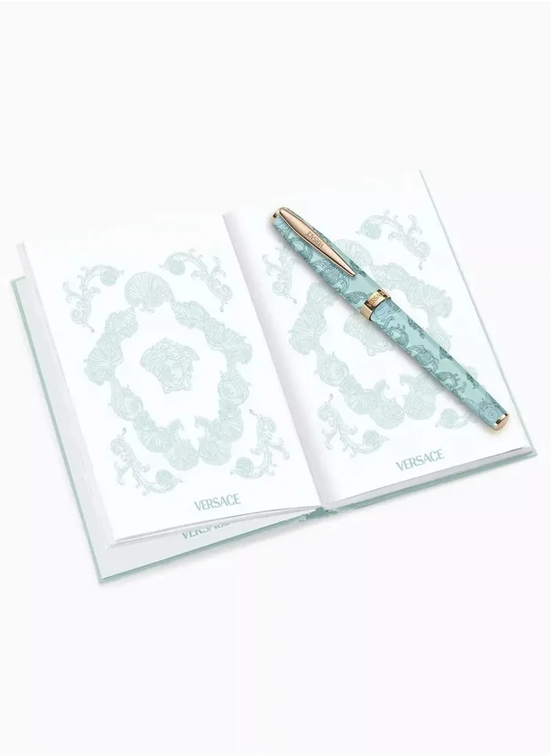 فيرزاتشي Roller Pen with Book - Light Blue La Vacanza Pattern with Rosegold Clip and Barocco Sea Boxset