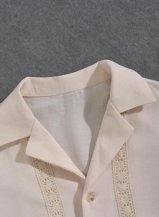 Take Two  Men Beige Lace-Insert Short Sleeve Shirt for Men | Best Price UAE