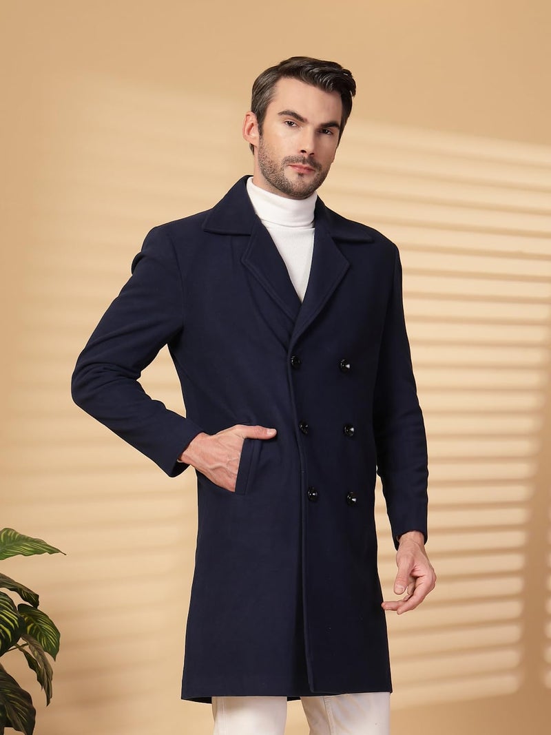 CHKOKKO Men Formal Long Winter Coat Double Breasted | Thigh Length Overcoat featuring a Notched Lapel Collar and Convenient Front Side Pockets for Stylish Wear NAVY XXL - Image 5