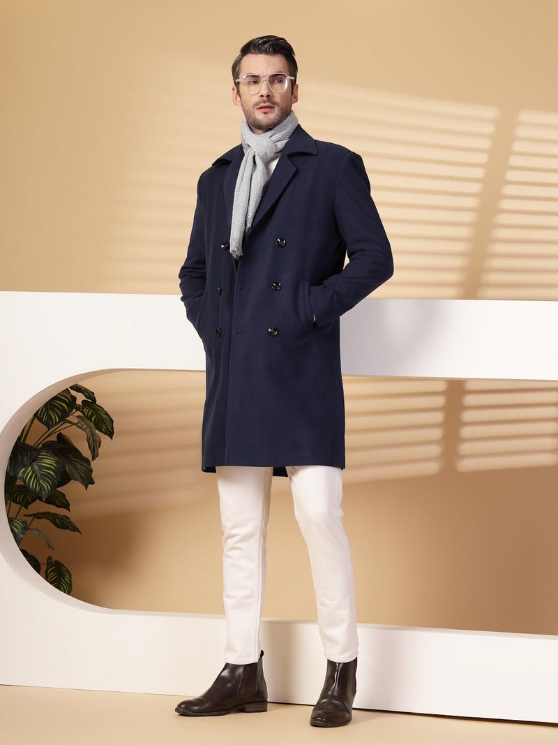 CHKOKKO Men Formal Long Winter Coat Double Breasted | Thigh Length Overcoat featuring a Notched Lapel Collar and Convenient Front Side Pockets for Stylish Wear NAVY XXL - Image 3