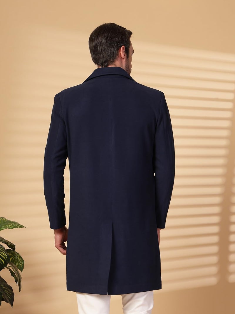 CHKOKKO Men Formal Long Winter Coat Double Breasted | Thigh Length Overcoat featuring a Notched Lapel Collar and Convenient Front Side Pockets for Stylish Wear NAVY XXL - Image 4