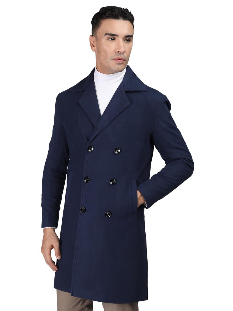 CHKOKKO Men Formal Long Winter Coat Double Breasted | Thigh Length Overcoat featuring a Notched Lapel Collar and Convenient Front Side Pockets for Stylish Wear NAVY XXL - Image 1