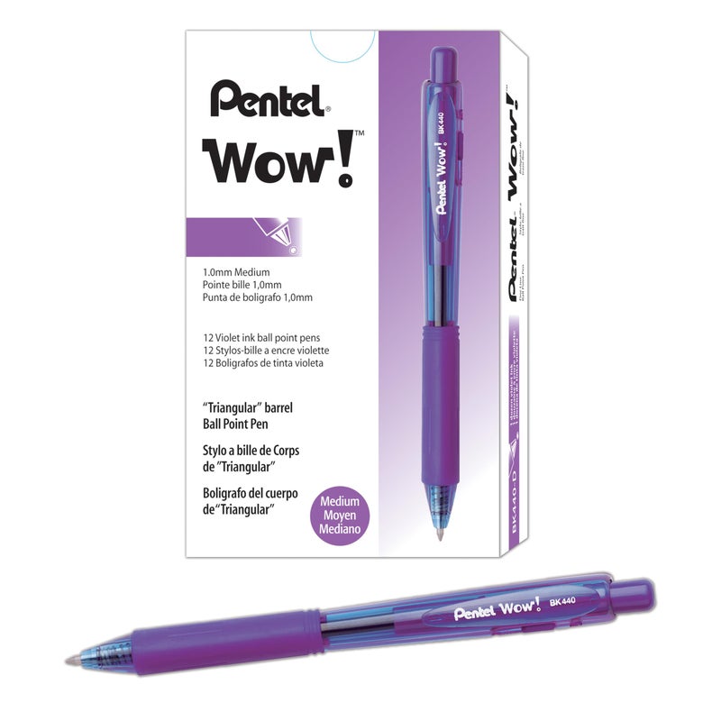 Pentel Wow! Retractable Ballpoint Pen, (1.0mm) Medium Line, Violet Ink, Box of 12 (BK440-V) - Image 1