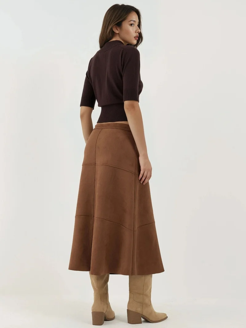 HICCUP High Waist Suede Long Skirt with Zipper Closure