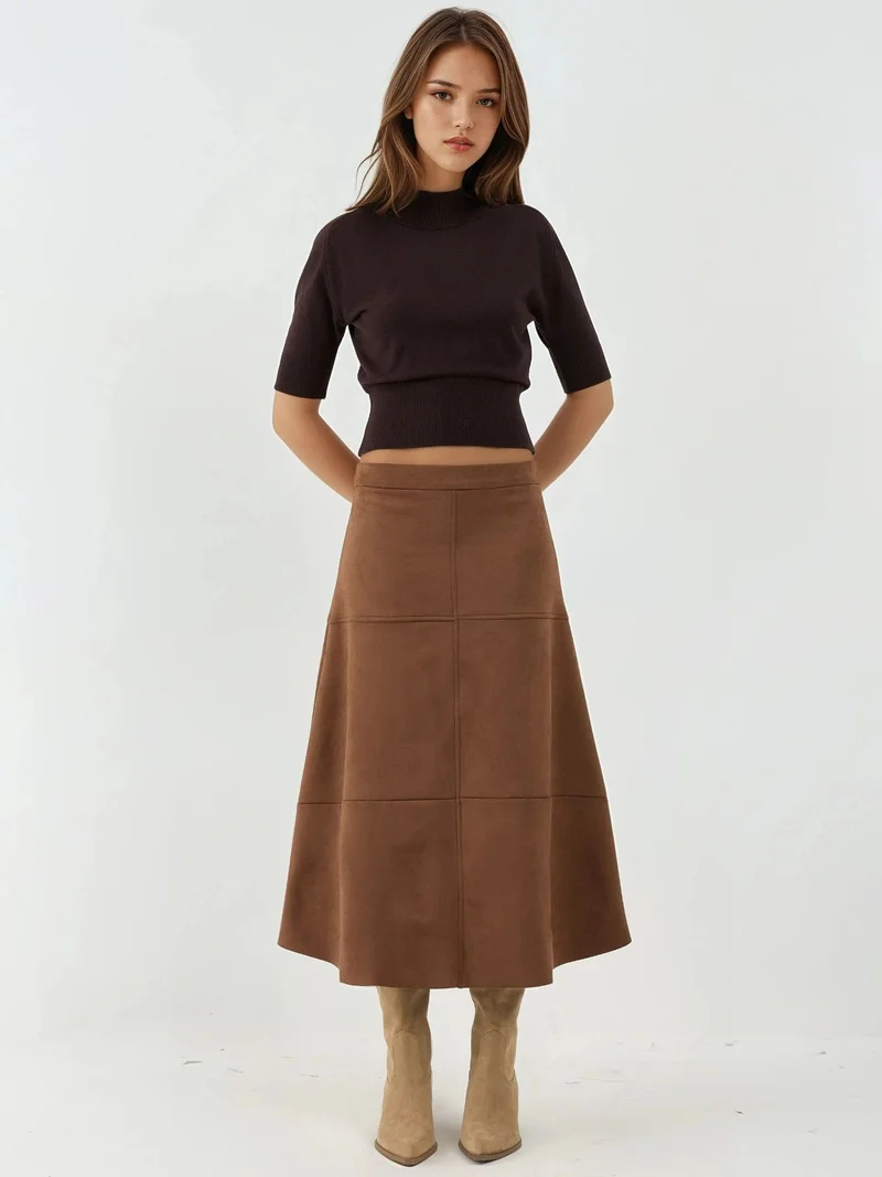 HICCUP High Waist Suede Long Skirt with Zipper Closure