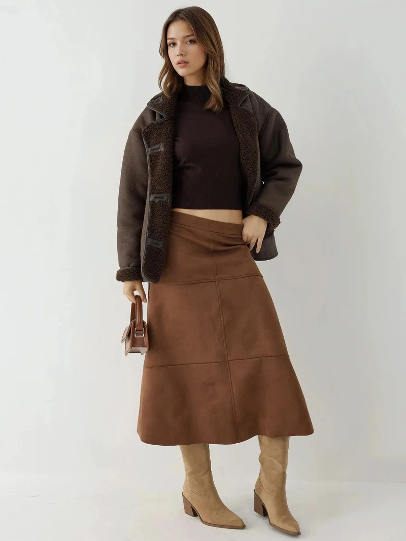 HICCUP High Waist Suede Long Skirt with Zipper Closure