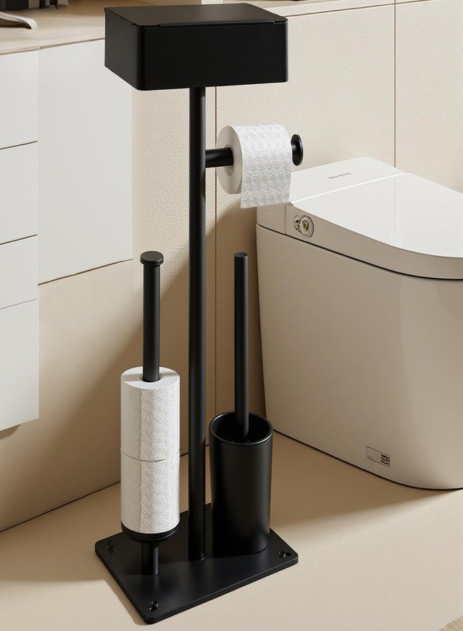 AIGOTSUKI Freestanding Toilet Paper Holder Stand with Shelf for 7 Rolls, Free Standing Black Toilet Paper Roll Holder with Wipes Storage Drawer, Rustproof Metal Floor Bathroom Tissue Holder for Bathroom - Image 1