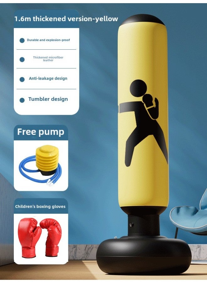Children's Tumbler Boxing Column Sandbag Inflatable Sandbag Sanda Household Vertical Kids Toy Boxing Training Cool-Color:Upgraded Thickened And Durable Leather [1.6m Yellow] Comes With Air Pump + Children's Boxing Gloves  - Image 1