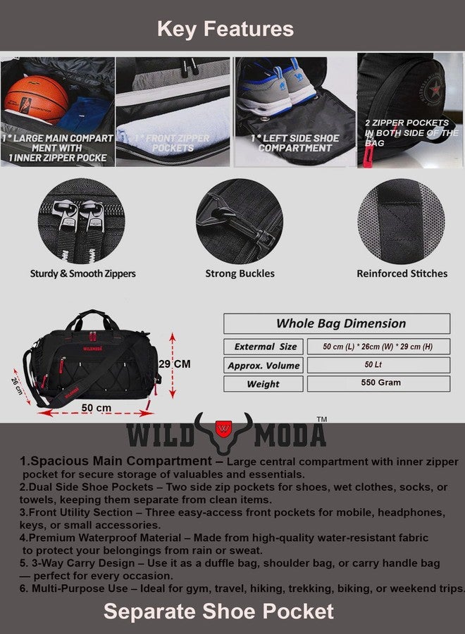WILD MODA 50L Duffel Travel Bag with Multiple Pockets | Ideal for Gym & Outdoor Trips (Black & Red) - Image 2