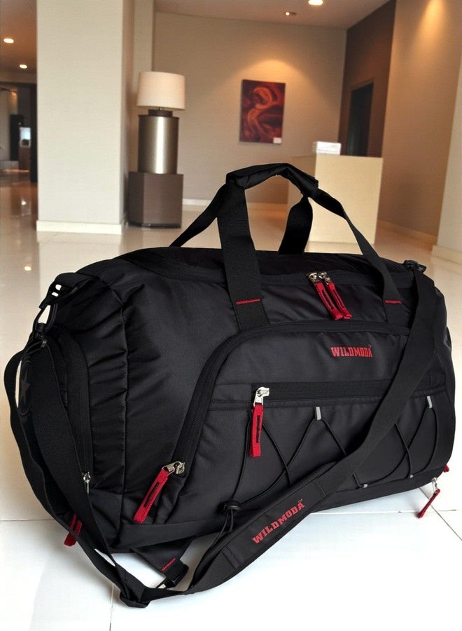 WILD MODA 50L Duffel Travel Bag with Multiple Pockets | Ideal for Gym & Outdoor Trips (Black & Red) - Image 4