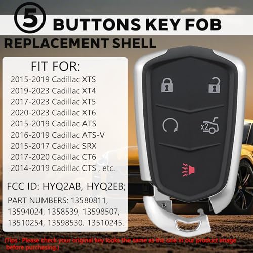 JJCHQ Key Fob Case for Cadillac XTS XT4 XT5 XT6 ATS ATS-v SRX CT6 CTS 2014 2015 2016 2017 2018 2019 2020 2021 2022 2023 HYQ2AB HYQ2EB 5 Button Pad Cover Keyless Entry Remote Car Key Fob Shell Replacement - Image 3