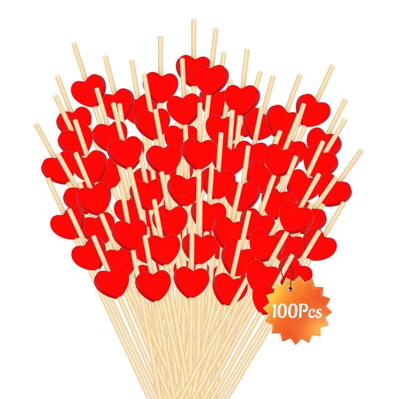 Lxzyu 100 Pcs Red Heart Cocktail Picks Galentines Day Decorations 4.7" Toothpicks for Appetizers Bamboo Cocktail Sticks Skewers Fruit Toothpicks Dessert Charcuterie for Wedding Valentines Day Party Supplies - Image 2