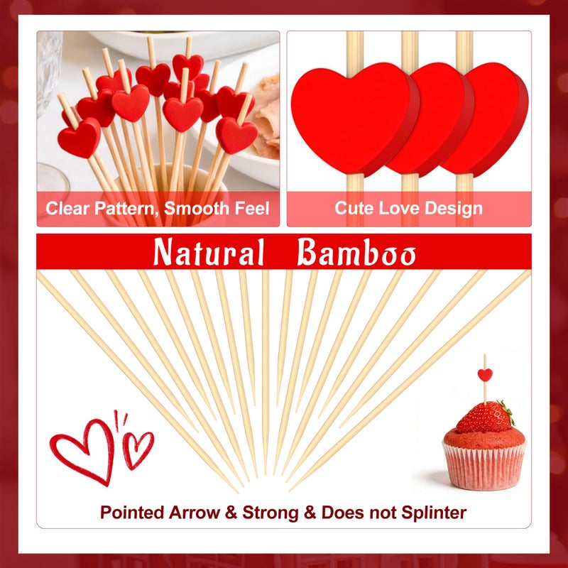 Lxzyu 100 Pcs Red Heart Cocktail Picks Galentines Day Decorations 4.7" Toothpicks for Appetizers Bamboo Cocktail Sticks Skewers Fruit Toothpicks Dessert Charcuterie for Wedding Valentines Day Party Supplies - Image 4