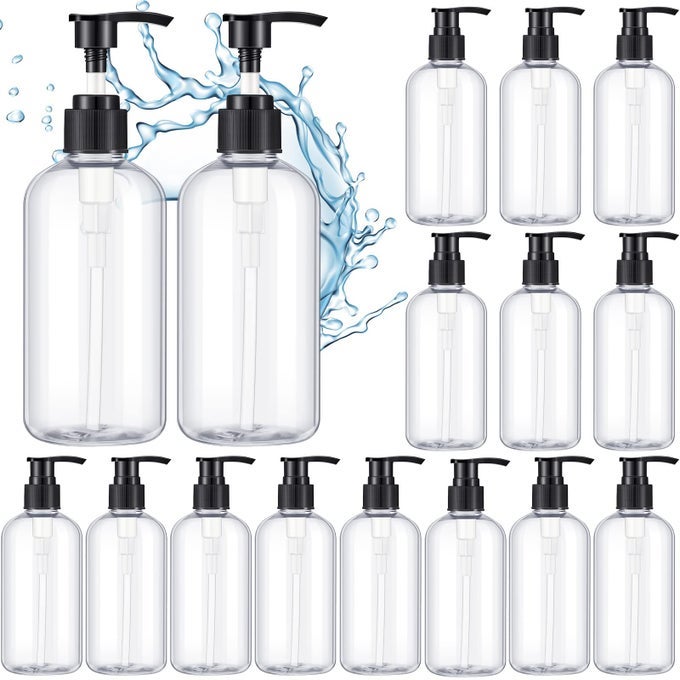 16 PCS EMPTY SHAMPOO BOTTLES PLASTIC PUMP BOTTLES LIQUID DISH SOAP DISPENSER REFILLABLE SHAMPOO DISPENSER FOR SHOWER WALL SHAMPOO AND CONDITIONER DISPENSER FOR BATHROOM KITCHEN 250 ML 85 OZ