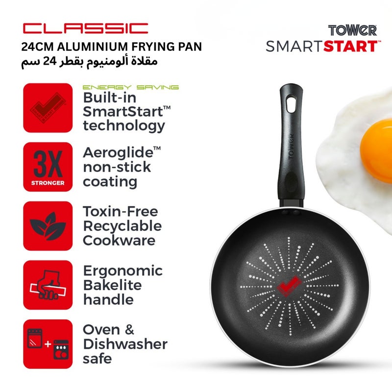 Tower SmartStart Classic 24cm Aluminium Frying Pan | Aeroglide PFOA Free Non-Stick Coating Skillet | Built-In Temperature Indicator | Oven & Dishwasher Safe | Gas Hob Compatible Fry Pan | Black - Image 2