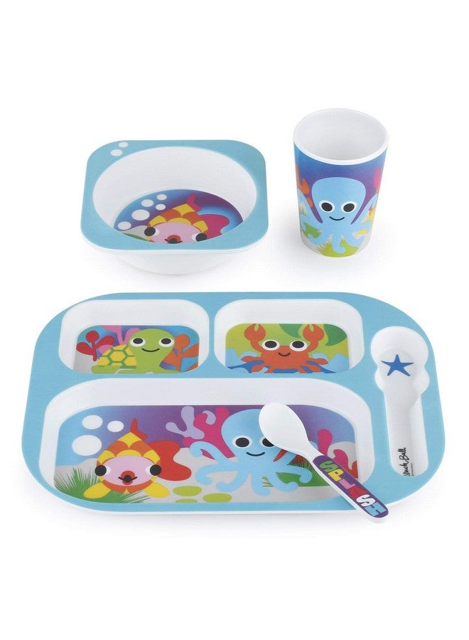 French Bull 4pc Toddler Kids Feeding Melamine Tableware Flatware BPA Free Dishwasher Safe, Durable Plate, Cup, Bowl, Divided Tray Dinnerware, 4 Piece Set, Ocean - Image 1
