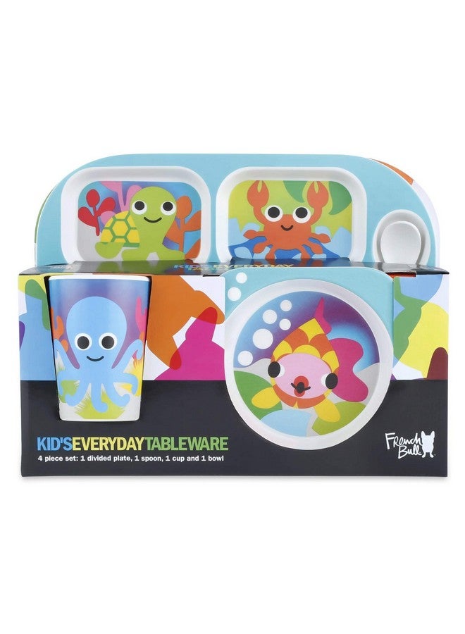 French Bull 4pc Toddler Kids Feeding Melamine Tableware Flatware BPA Free Dishwasher Safe, Durable Plate, Cup, Bowl, Divided Tray Dinnerware, 4 Piece Set, Ocean - Image 3