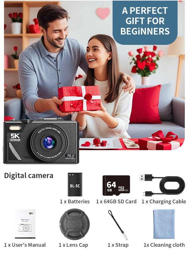 IqwiCam - Digital Camera, 5K Point and Shoot Digital Cameras with 64GB SD Card, 75MP Digital Camera for Photography and Video, Vlogging Camera with 3'' Flip Screen, 18X Digital Zoom Cameras Digital for Kids Boys Girls - Image 1