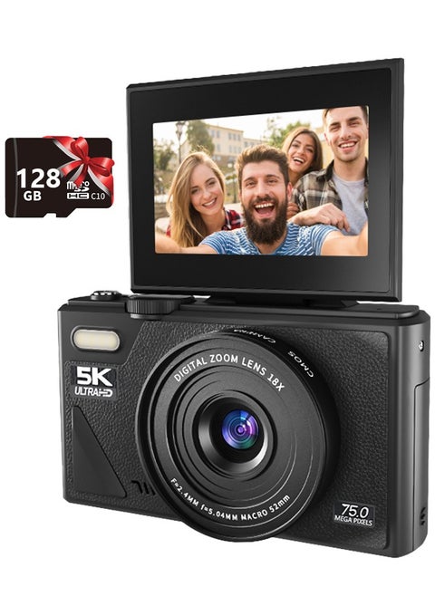 Digital Camera, 5K Point and Shoot Digital Cameras with 128GB SD Card, 75MP Digital Camera for Photography and Video, Vlogging Camera with 3'' Flip Screen, 18X Digital Zoom Cameras Digital for Kids Boys Girls