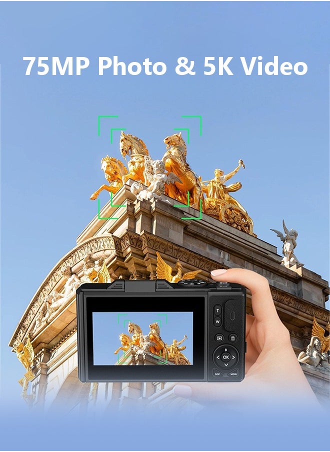 Digital Camera, 5K Point and Shoot Digital Cameras with 128GB SD Card, 75MP Digital Camera for Photography and Video, Vlogging Camera with 3'' Flip Screen, 18X Digital Zoom Cameras Digital for Kids Boys Girls