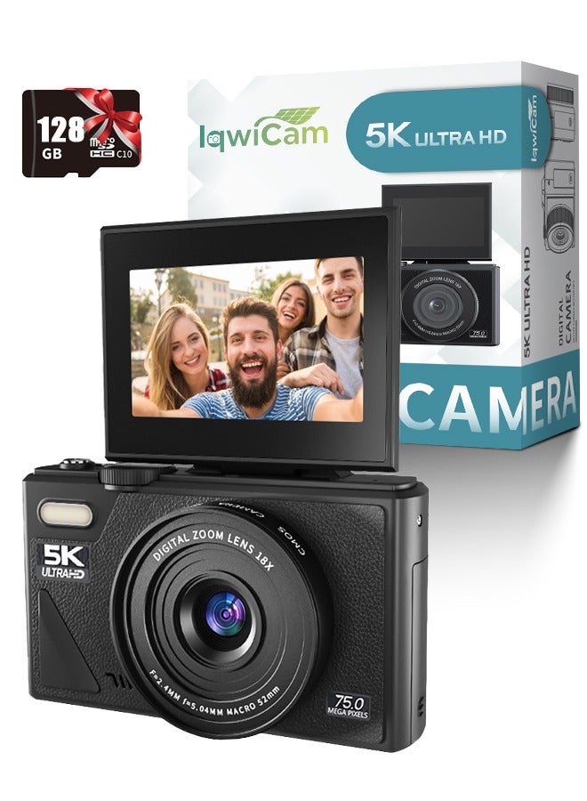 IqwiCam Digital Camera, 5K Point and Shoot Digital Cameras with 128GB SD Card, 75MP Digital Camera for Photography and Video, Vlogging Camera with 3'' Flip Screen, 18X Digital Zoom Cameras Digital for Kids Boys Girls - Image 1