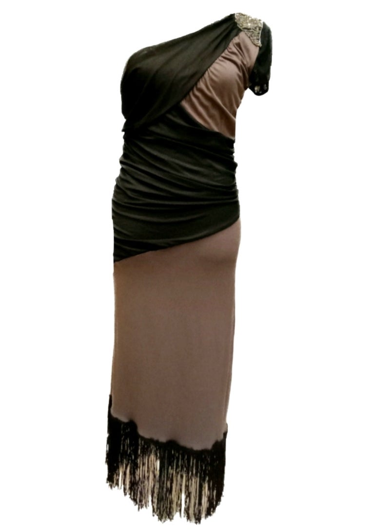 Women bitone lycra one shoulder fringed dress 