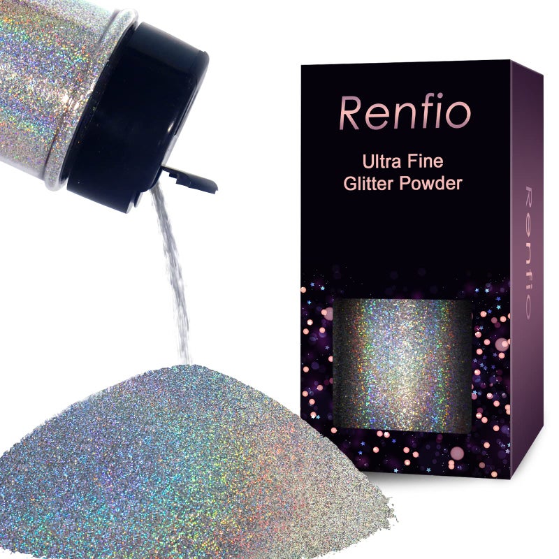 Renfio Holographic Ultra Fine Glitter Powder Metallic Resin Glitter 2.11 Oz (60g) PET Flakes Crafts Sequins 1/128" 0.008" 0.2mm Epoxy Chips Flakes for Tumblers Slime - Diamond Laser Silver - Image 1