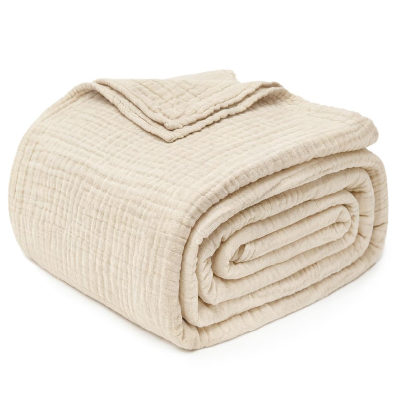 Joydeco 100% Cotton Muslin Throw Blanket for Couch Bed and Sofa, 4-Layer Lightweight and Breathable Soft Gauze Blanket for All Season, Luxury Throws Cotton Blanket Gift(Light Tan, 50"x70") - Image 1