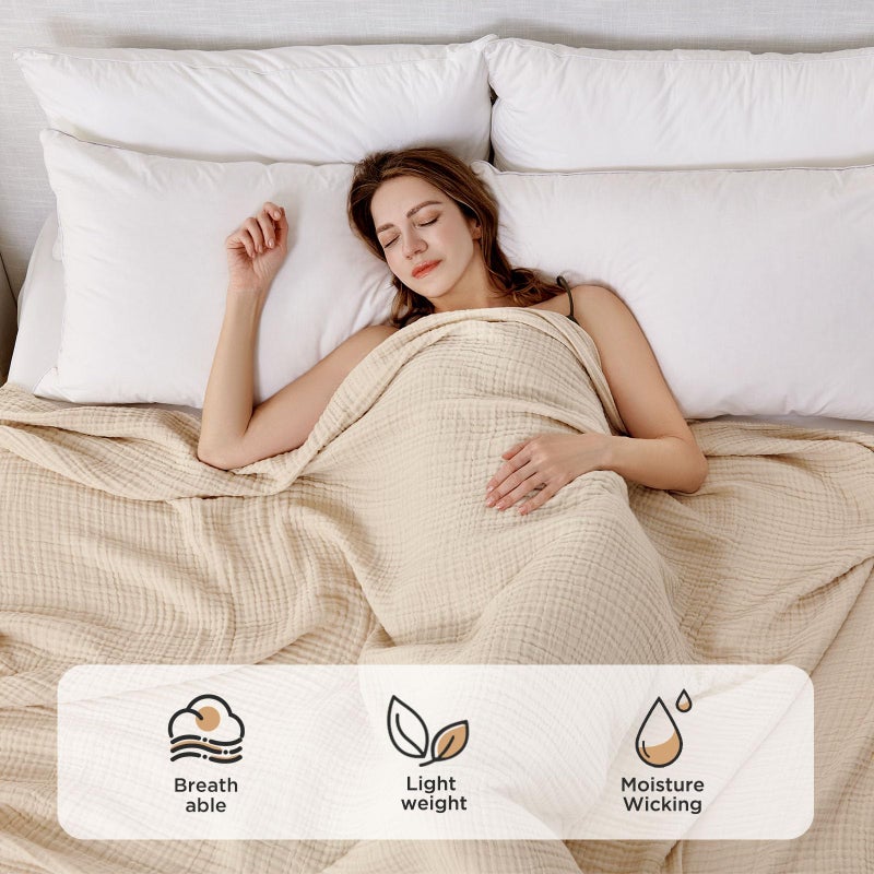 Joydeco 100% Cotton Muslin Throw Blanket for Couch Bed and Sofa, 4-Layer Lightweight and Breathable Soft Gauze Blanket for All Season, Luxury Throws Cotton Blanket Gift(Light Tan, 50"x70") - Image 2