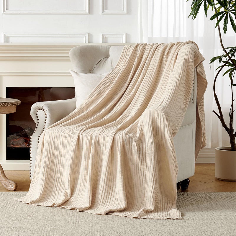 Joydeco 100% Cotton Muslin Throw Blanket for Couch Bed and Sofa, 4-Layer Lightweight and Breathable Soft Gauze Blanket for All Season, Luxury Throws Cotton Blanket Gift(Light Tan, 50"x70") - Image 5