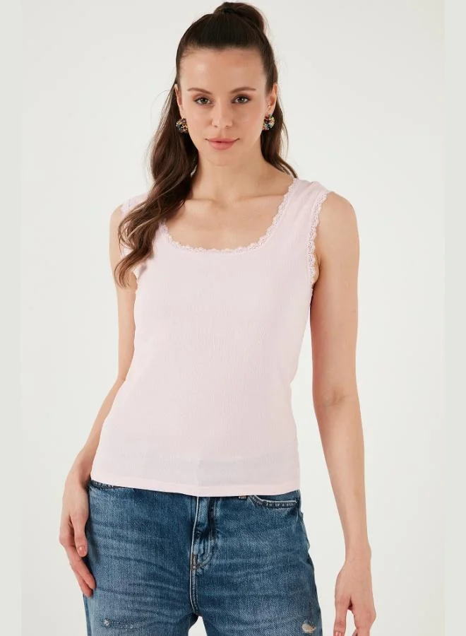 Lela Lela Slim Fit Thick Strap Lace Square Neck Crinkle Tank Top Women's Tank Top 5864979