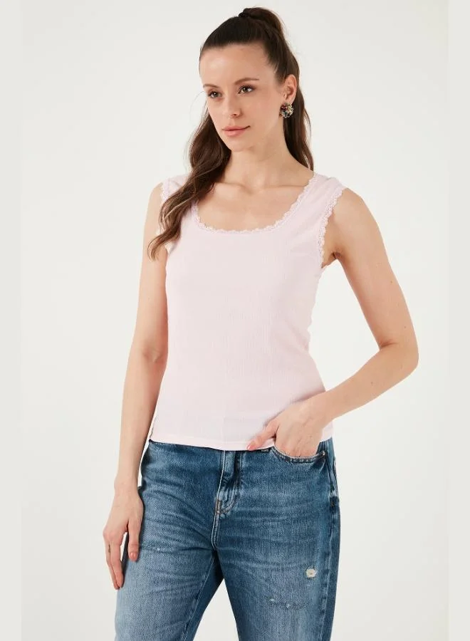 Lela Lela Slim Fit Thick Strap Lace Square Neck Crinkle Tank Top Women's Tank Top 5864979