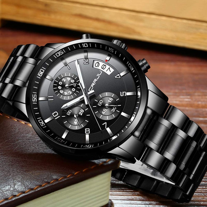 CRRJU Men's Black Watch Fashion Business Chronograph Quartz Wristwatches,Luxury Stainsteel Steel Band Waterproof Watch for Men - Image 5