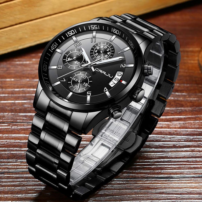CRRJU Men's Black Watch Fashion Business Chronograph Quartz Wristwatches,Luxury Stainsteel Steel Band Waterproof Watch for Men - Image 4